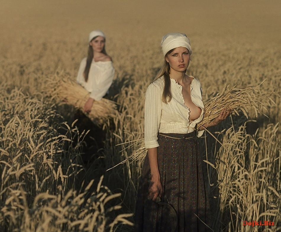 Крестьянка в поле собирает урожай обнажила грудь из рубашки